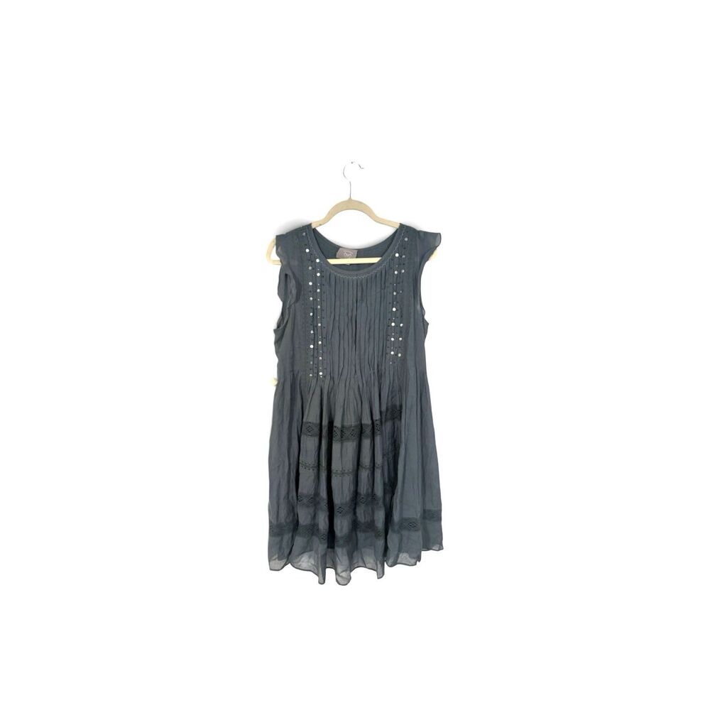 Anthropologie Dress L Ladies Boho Teal Gray Sequin/Beads Embellished Distressed